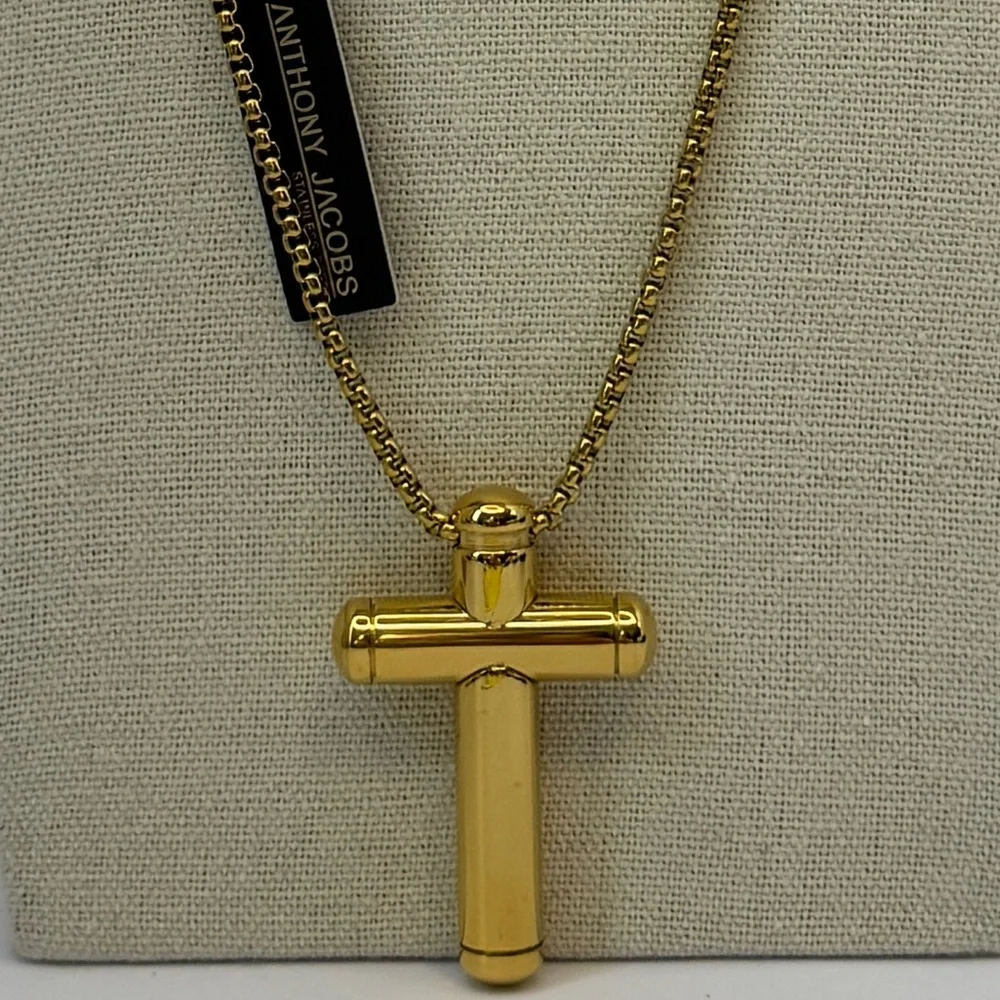 Anthony Jacobs Stainless Steel Gold Tone Cross Pendant Necklace 24”